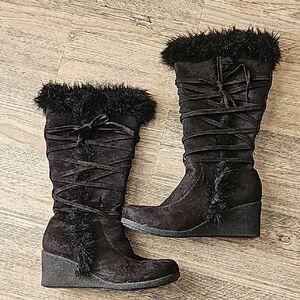 groove Black Faux Fur Wedge Mid-Calf Boots